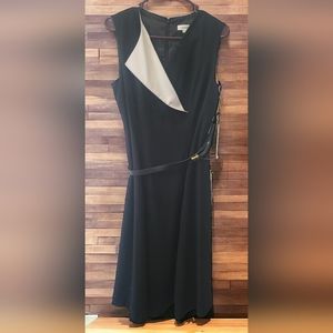 Calvin Klein Black Dress With White Flap And Belt,  NWT, Size 10